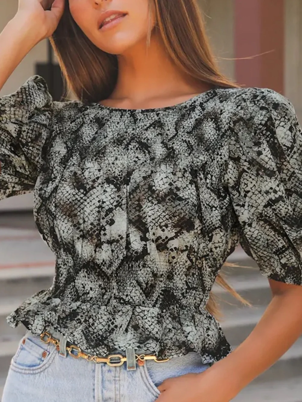 Free People XOXO snake-print smocked puff-sleeve top